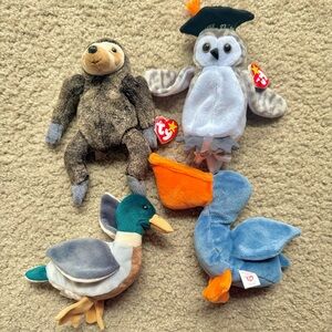 Vintage TY Beanie Babies Plush Set of 4 | 90s Soft Animal Toys, Mixed NWT & EUC